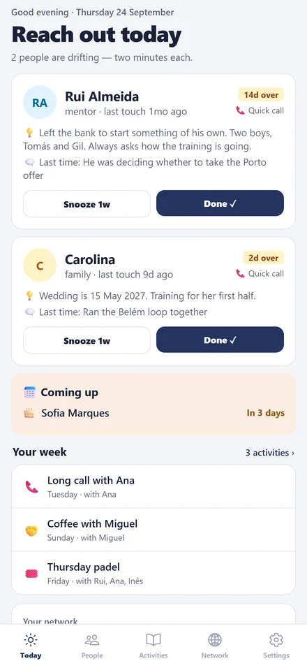 Today screen: Reach out today. Two people are drifting, each with context and Snooze or Done buttons.